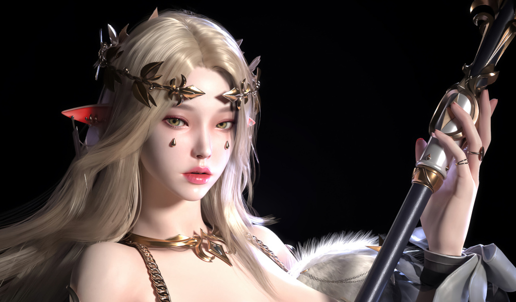 Девушка аниме эльф с украшениями на теле