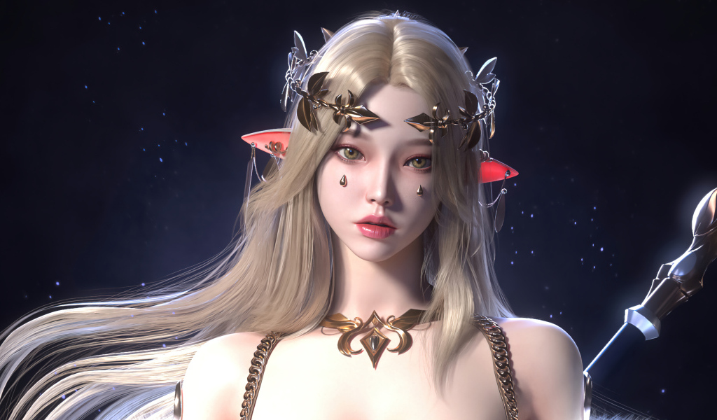 Девушка аниме эльф с украшениями на голове