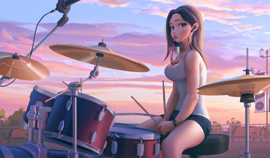 Девушка аниме за барабанной установкой