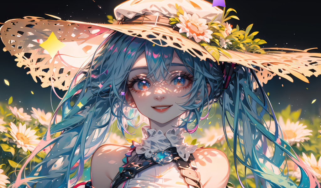 Девушка аниме в большой шляпе с голубыми волосами