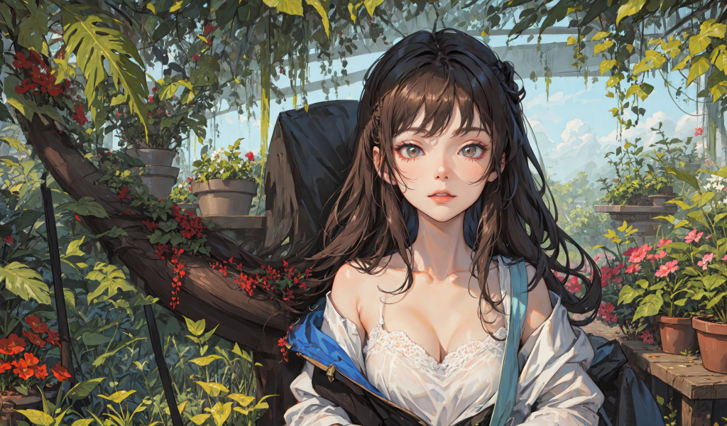 Девушка аниме в оранжерее с цветами