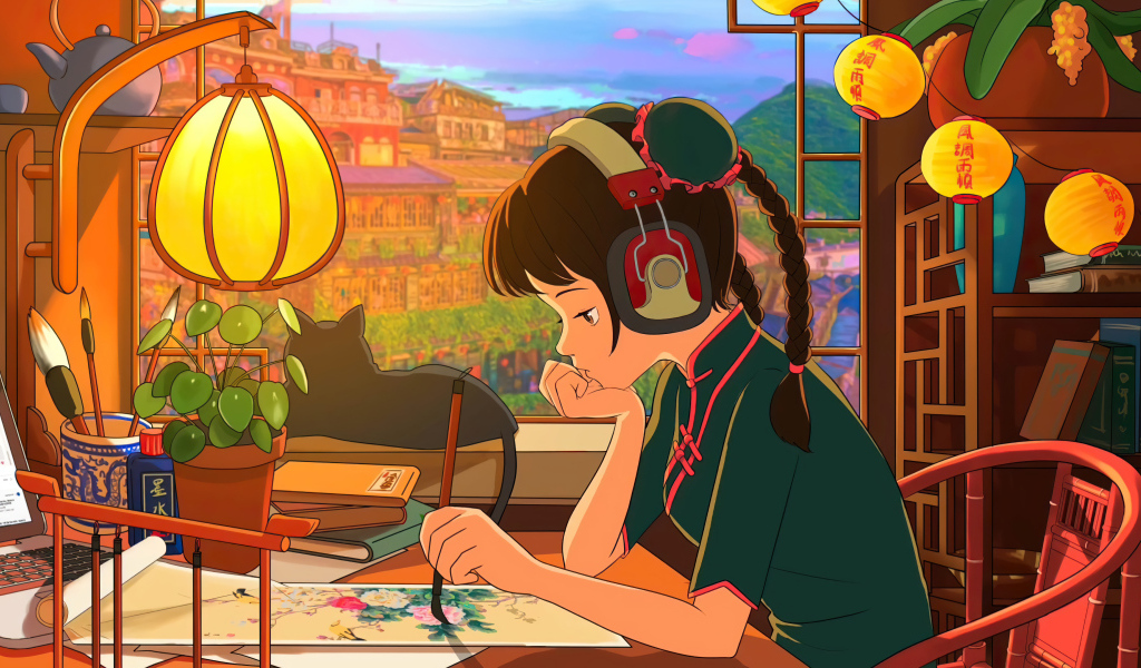 Девушка аниме в наушниках сидит за столом у окна