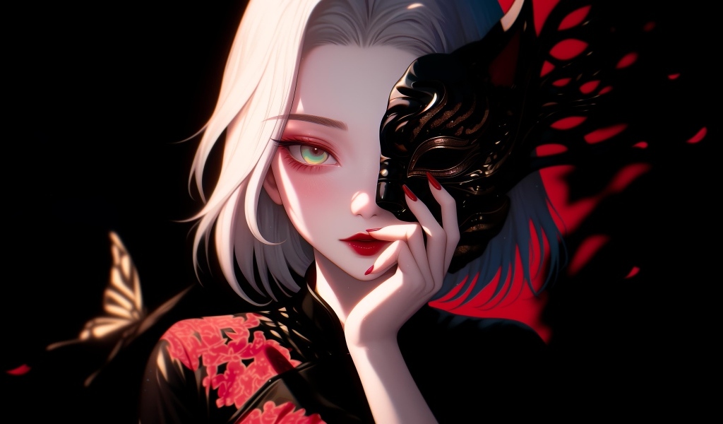 Девушка аниме в кимоно закрывает лицо маской