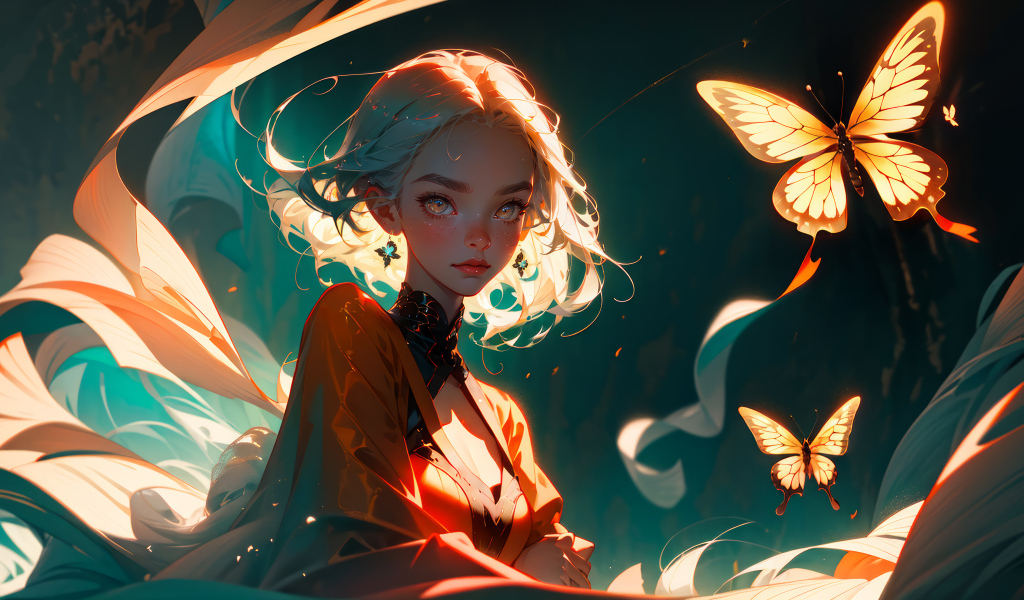 Девушка аниме в лучах света с бабочками