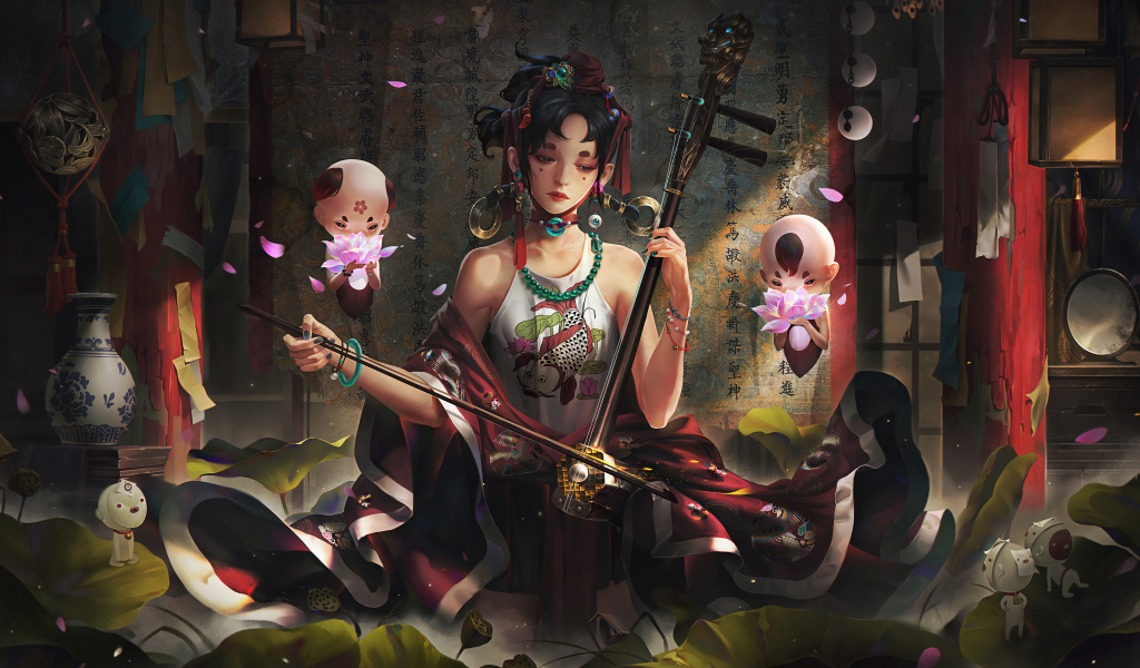 Девушка аниме играет на музыкальном инструменте