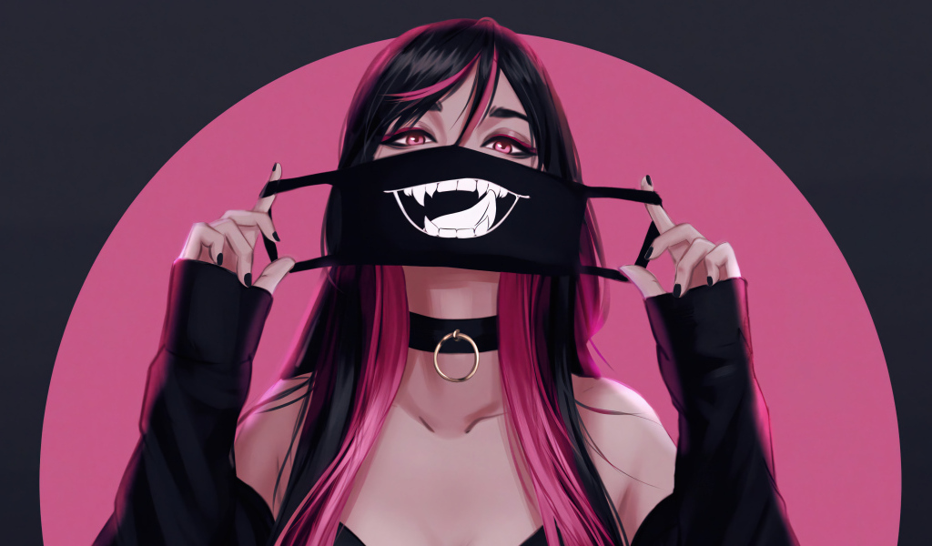 Девушка аниме с черной смешной маской на лице