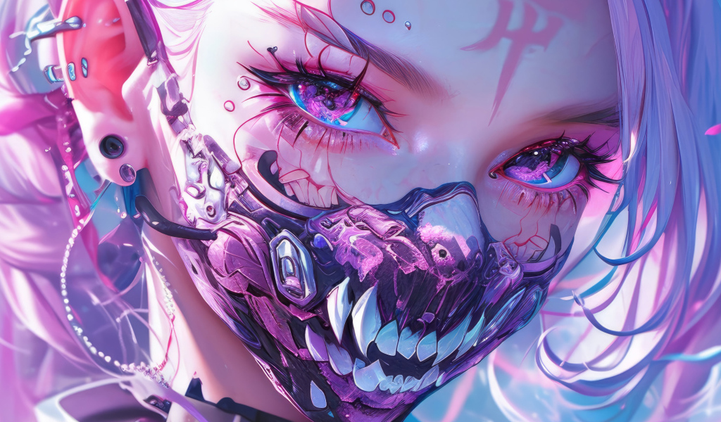 Аниме девушка с маской с острыми клыками на лице