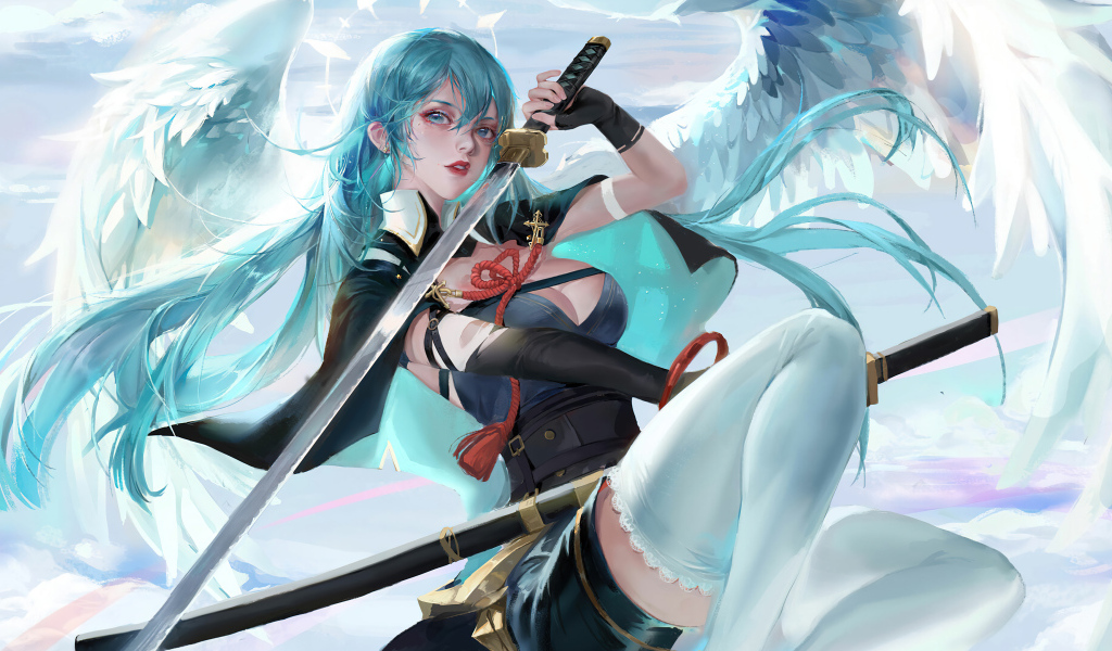 Девушка аниме с крыльями ангела с катаной в руках 