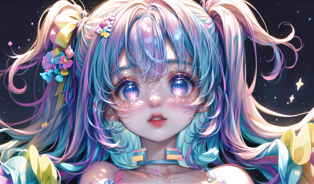 Девушка аниме с большими глазами и голубыми волосами