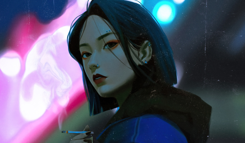 Девушка аниме с черными глазами с сигаретой в руках