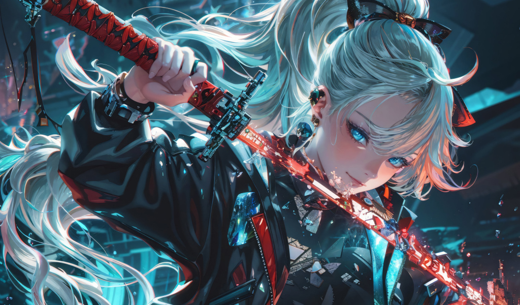 Девушка аниме с голубыми волосами держит катану