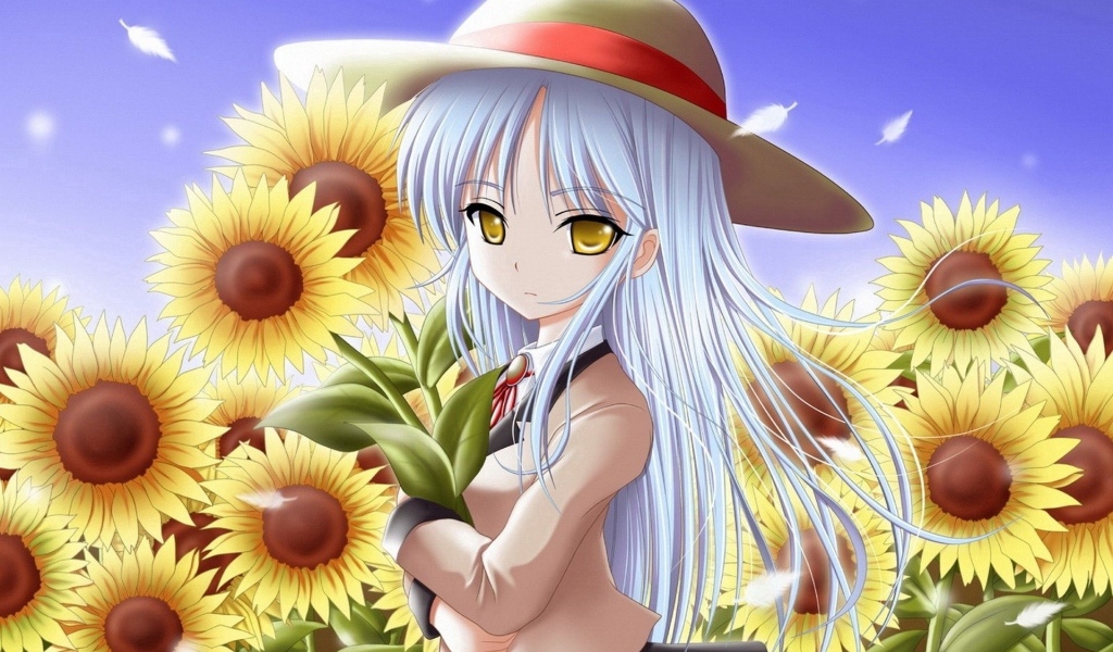 Девушка аниме с синими волосами на поле с подсолнухами