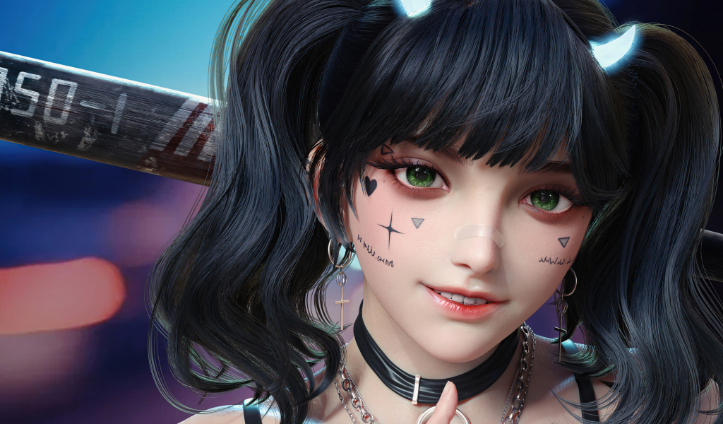 Девушка аниме с татуировками на лице 