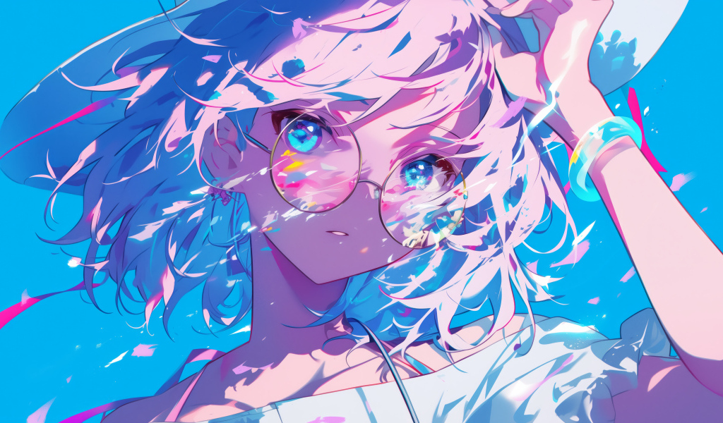 Аниме девушка в очках в лучах солнца на голубом фоне