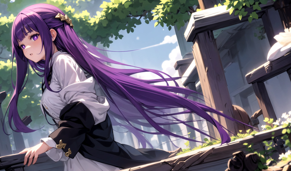 Девушка аниме с длинными фиолетовыми волосами