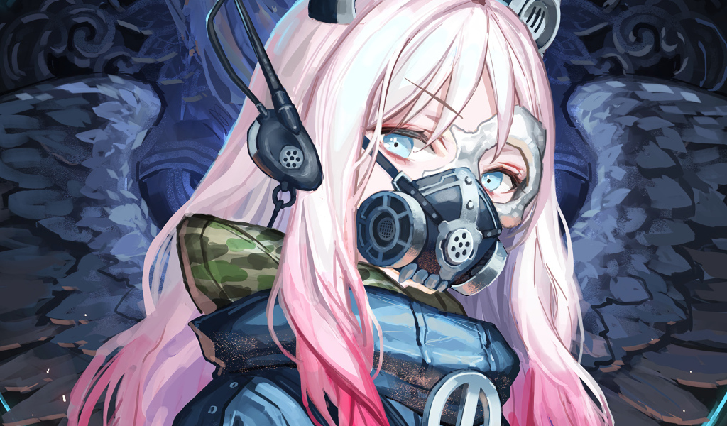 Девушка аниме с розовыми волосами с маской на лице