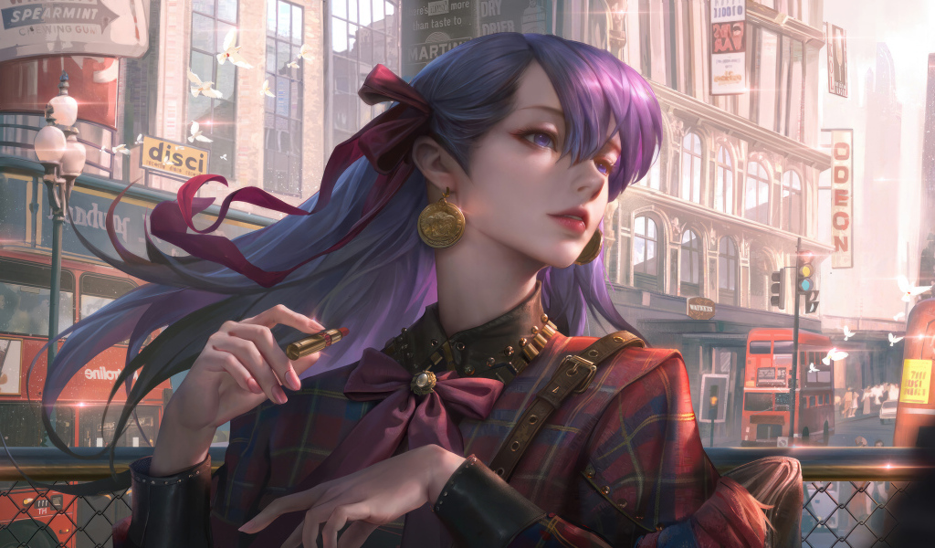 Девушка аниме с фиолетовыми волосами с помадой в руке