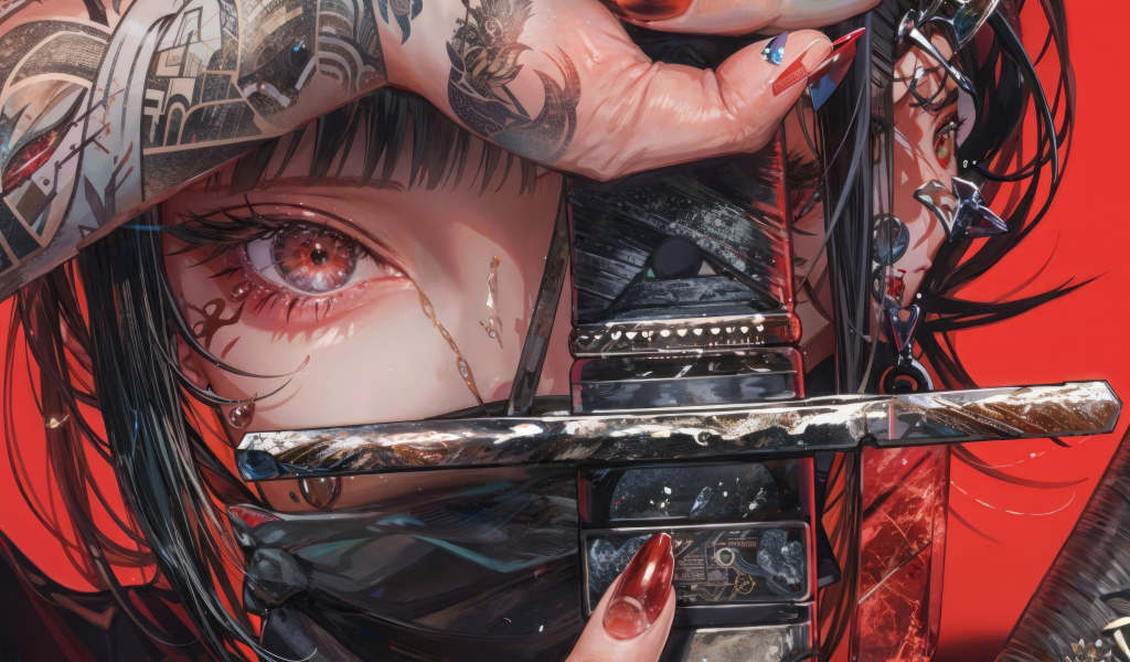 Аниме девушка с красными глазами держит меч