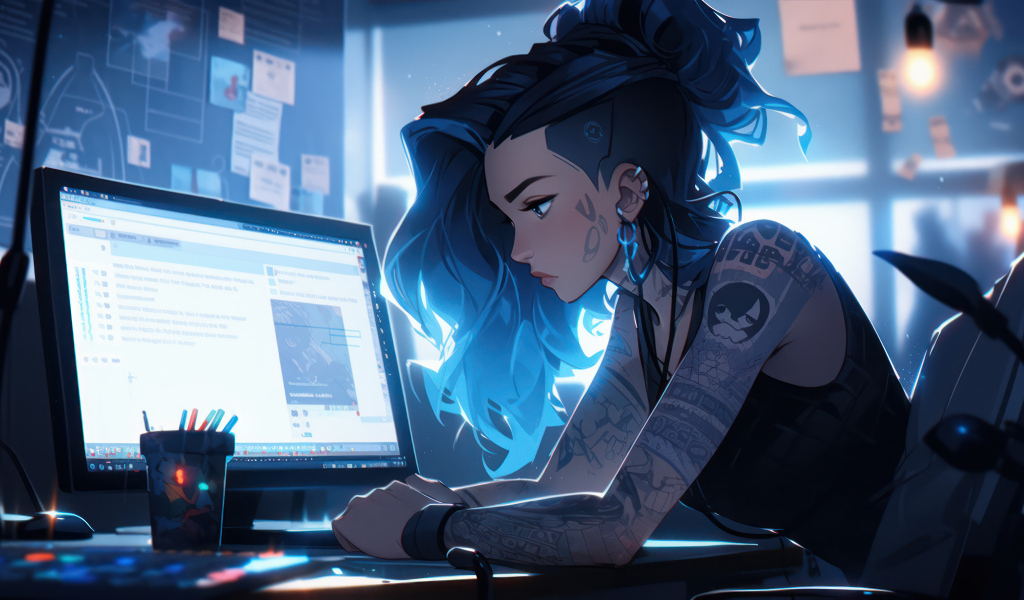 Девушка аниме с татуировками сидит за компьютером