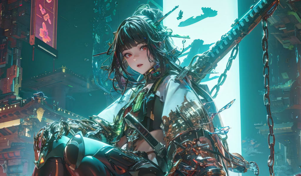 Девушка аниме самурай в городе