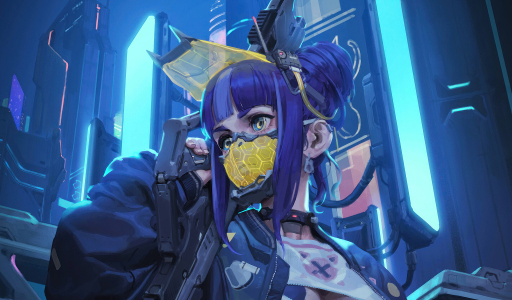 Девушка аниме солдат с маской на лице