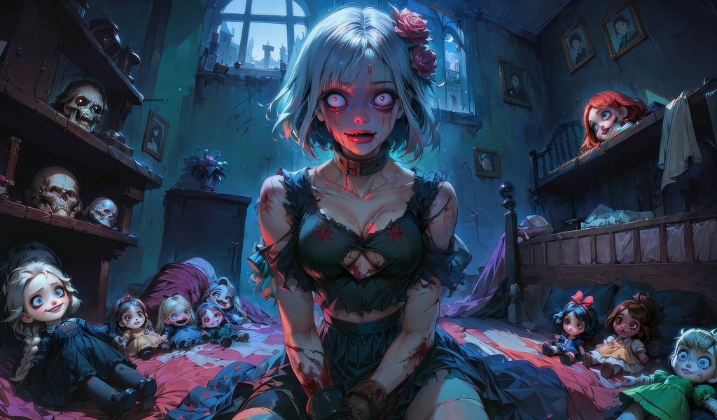 Девушка аниме зомби в комнате с куклами