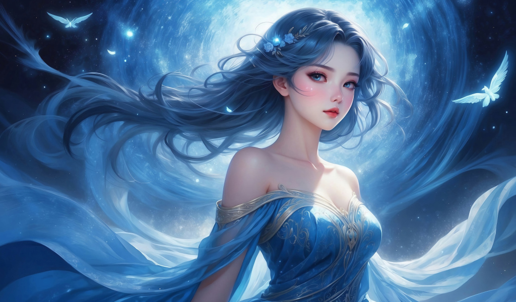 Красивая девушка аниме на фоне лунного сияния