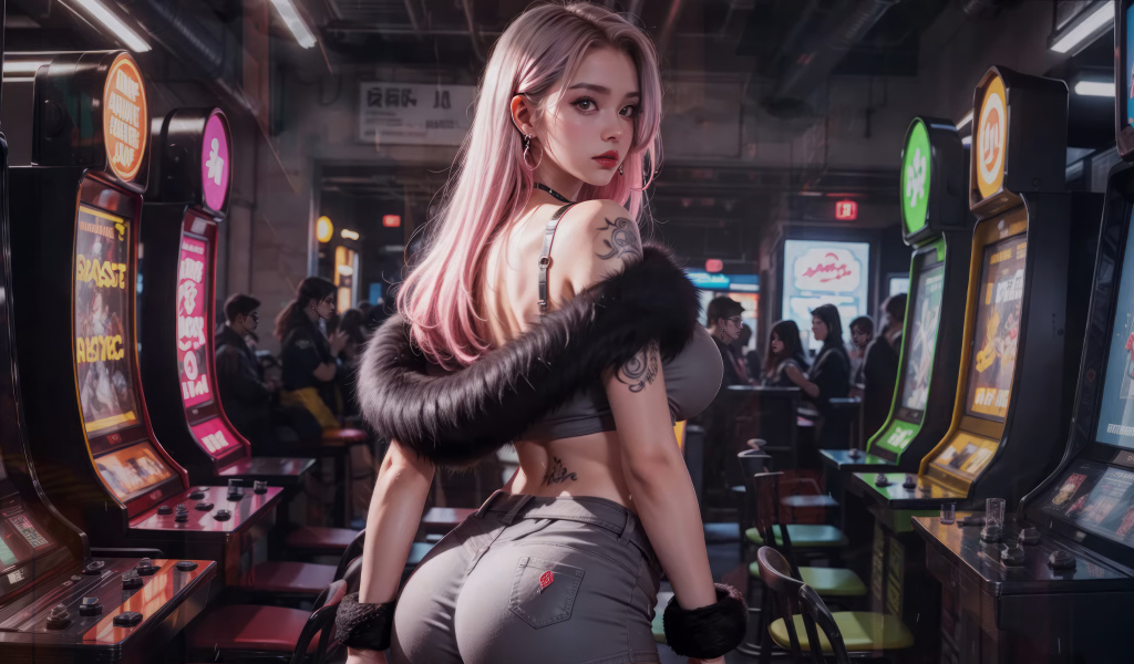 Красивая девушка аниме в зале с игровыми автоматами