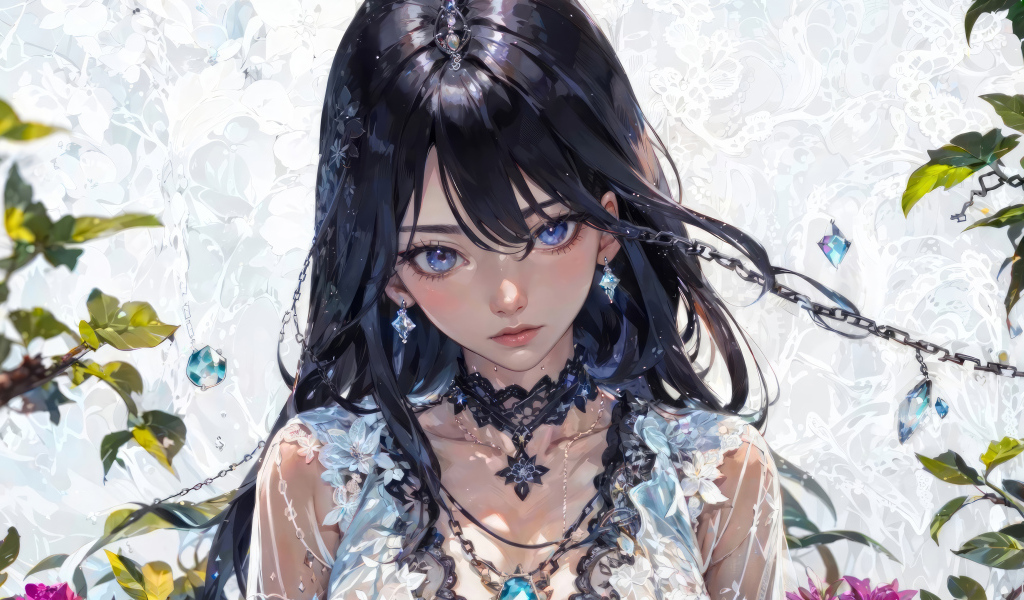 Красивая голубоглазая девушка аниме с черными волосами
