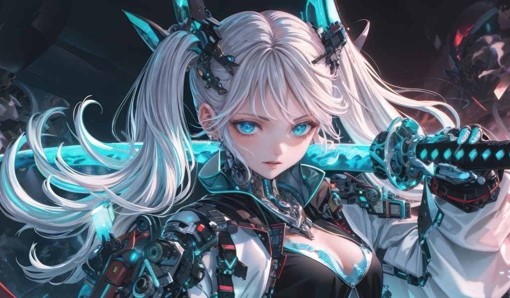 Девушка аниме блондинка с катаной на плече