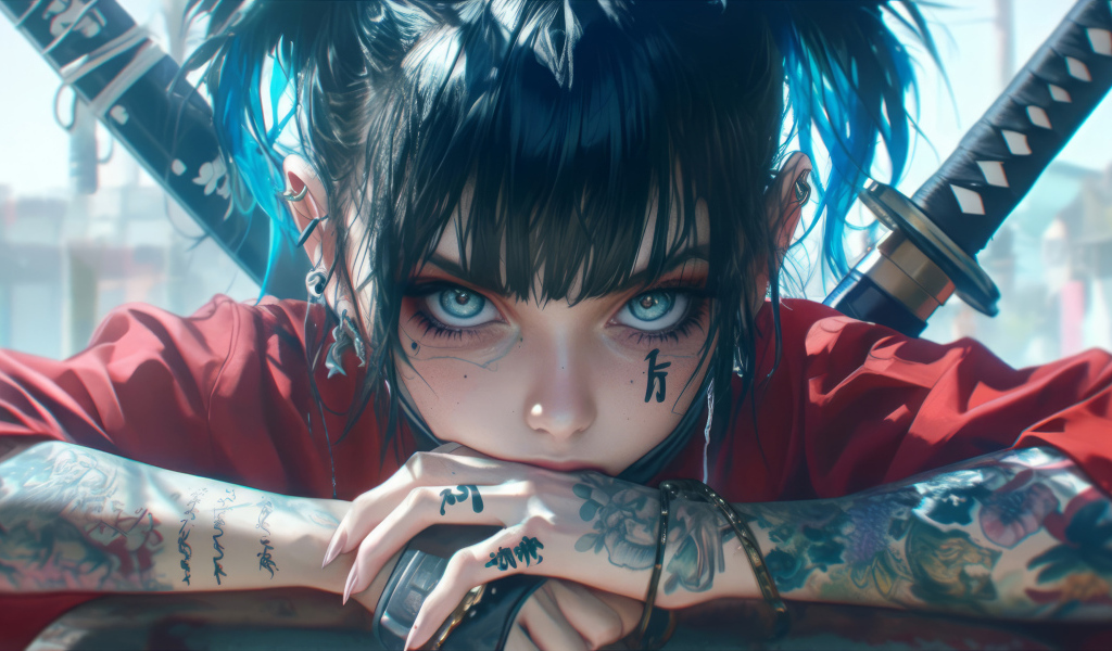 Голубоглазая аниме девушка с татуировками на теле