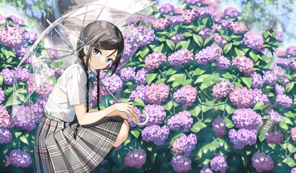 Милая девушка аниме с зонтом у кустов с цветами