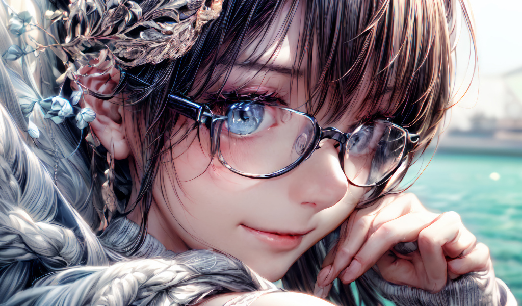 Милая голубоглазая аниме девушка в очках