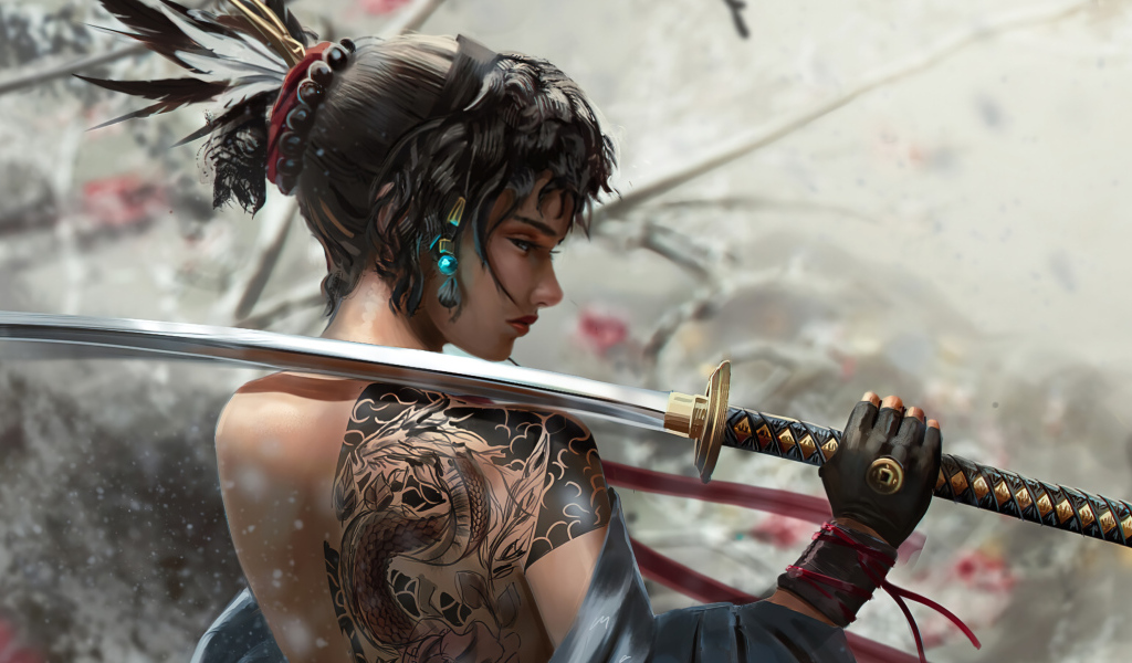 Девушка самурай с катаной в руке 