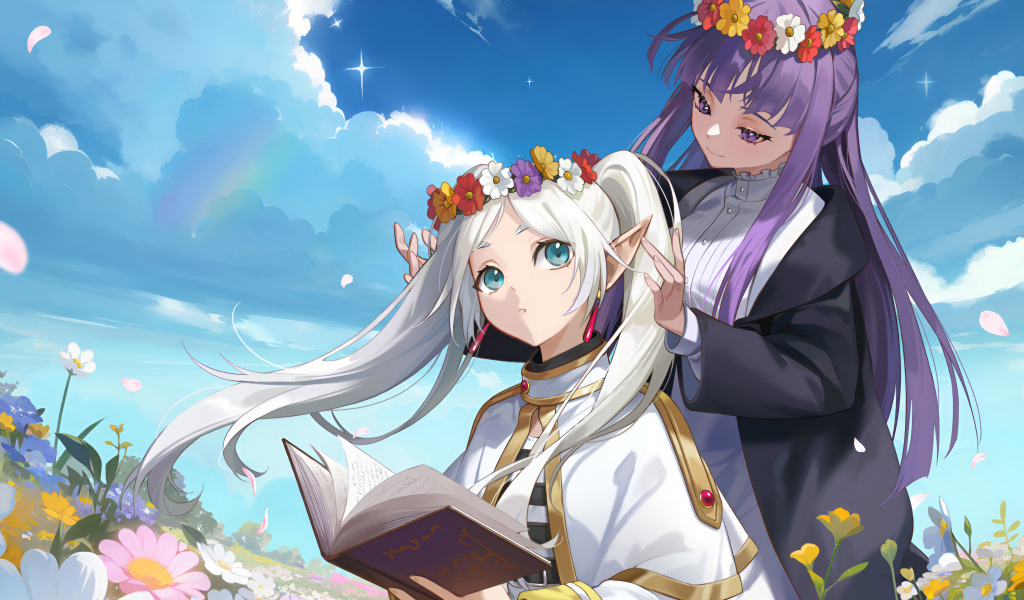 Две девушки аниме на поле с венками