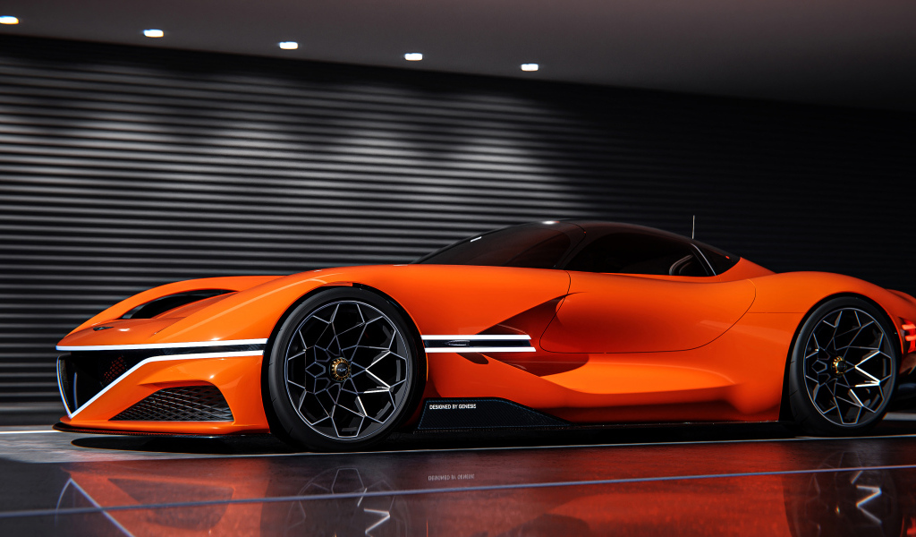 Быстрый оранжевый автомобиль Genesis X Gran Berlinetta вид сбоку