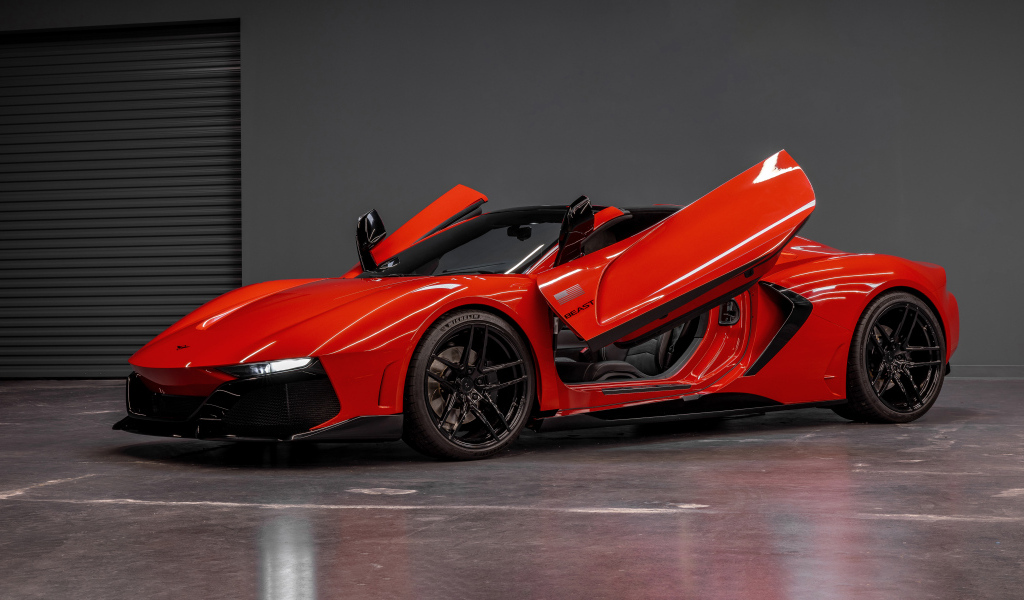 Красный автомобиль  Rezvani Beast 2024 года с открытыми дверями