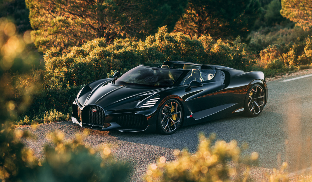 Черный быстрый автомобиль Bugatti W16 Mistral