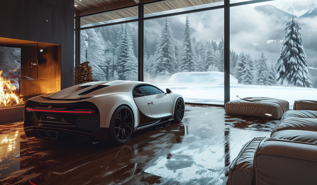 Автомобиль Bugatti Chiron Cozy в комнате зимой