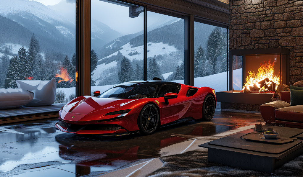 Красный автомобиль Ferrari SF90 Stradale AI в комнате с камином