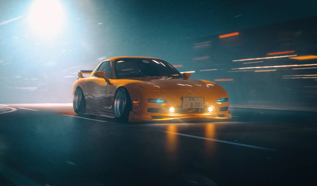 Желтый автомобиль Mazda RX-7 JDM