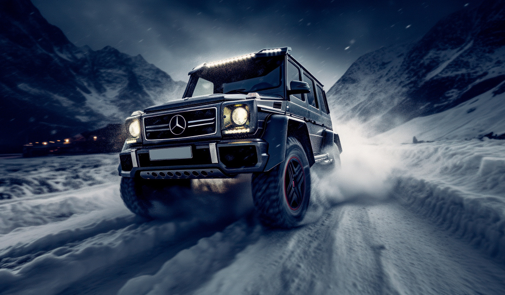 Джип Mercedes-Benz G63 AMG едет по снегу