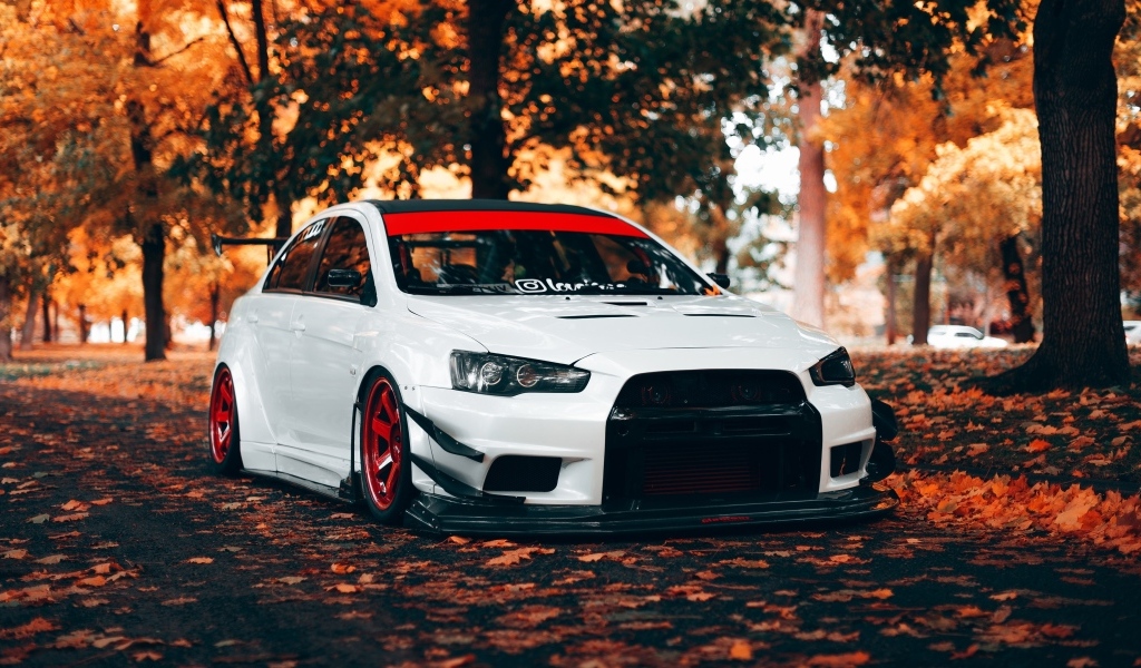 Белый автомобиль Mitsubishi Lancer Evolution X