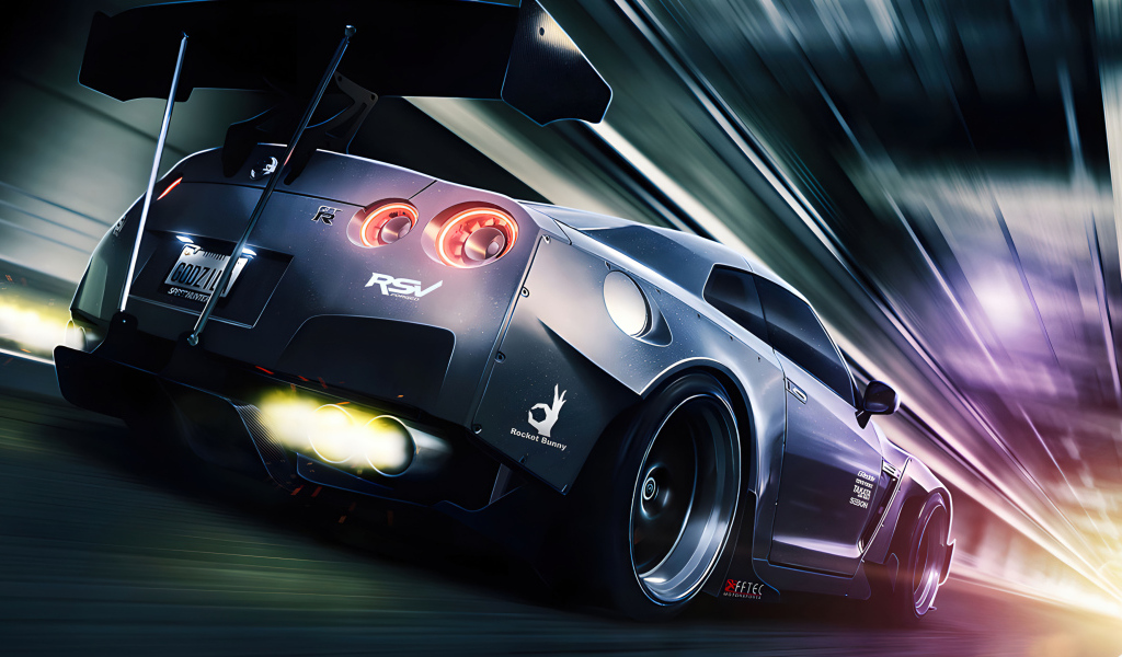 Вид сзади на автомобиль Nissan GTR R35