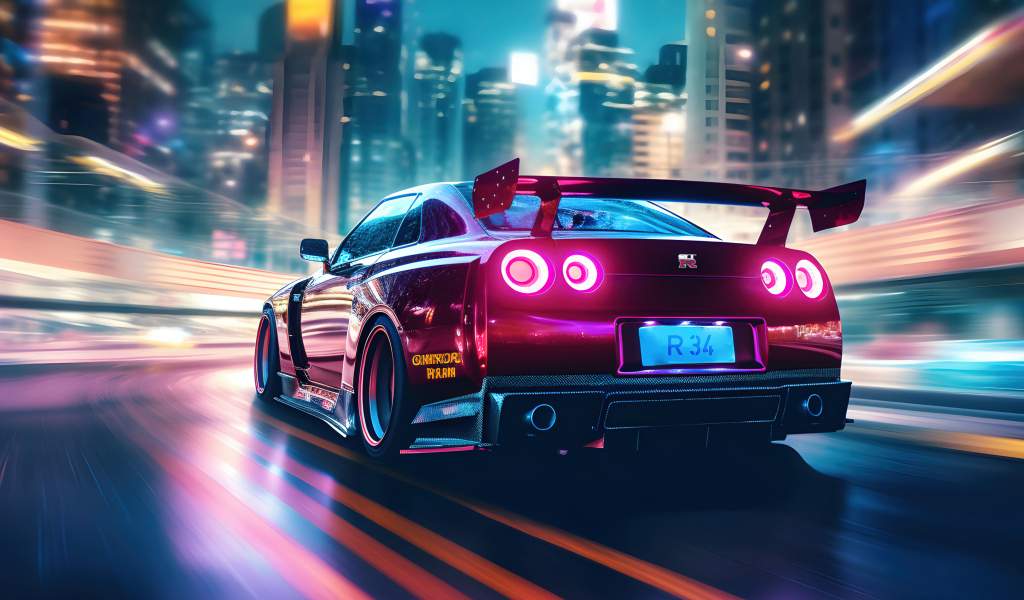 Вид сзади на автомобиль Nissan Skyline R34