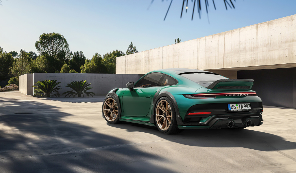 Зеленый автомобиль TechArt GTstreet R Touring вид сзади