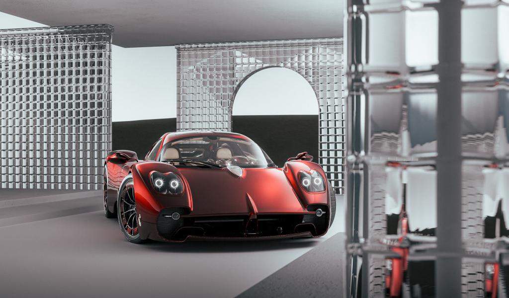 Красный автомобиль Pagani Utopia в здании