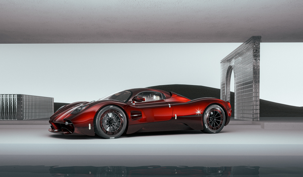 Вид сбоку на красный автомобиль  Pagani Utopia