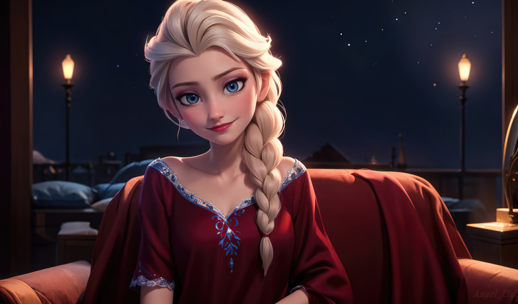 Красивая Эльза сидит в комнате