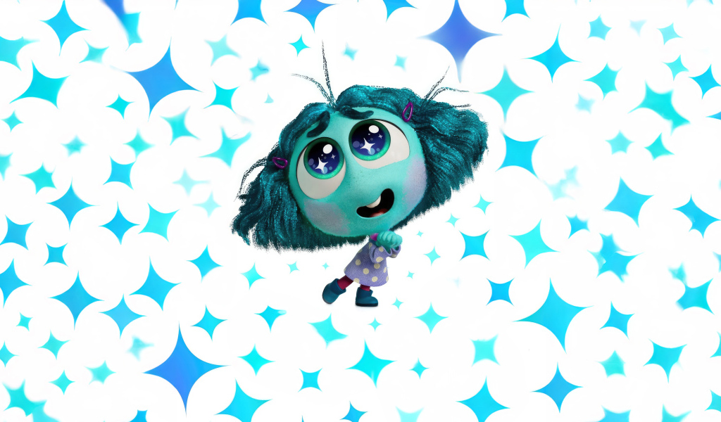 Милый персонаж Зависть на белом фоне с искрами из мультфильма Головоломка 2